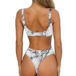 White Dark Grey Marble Print Front Bow Tie Bikini