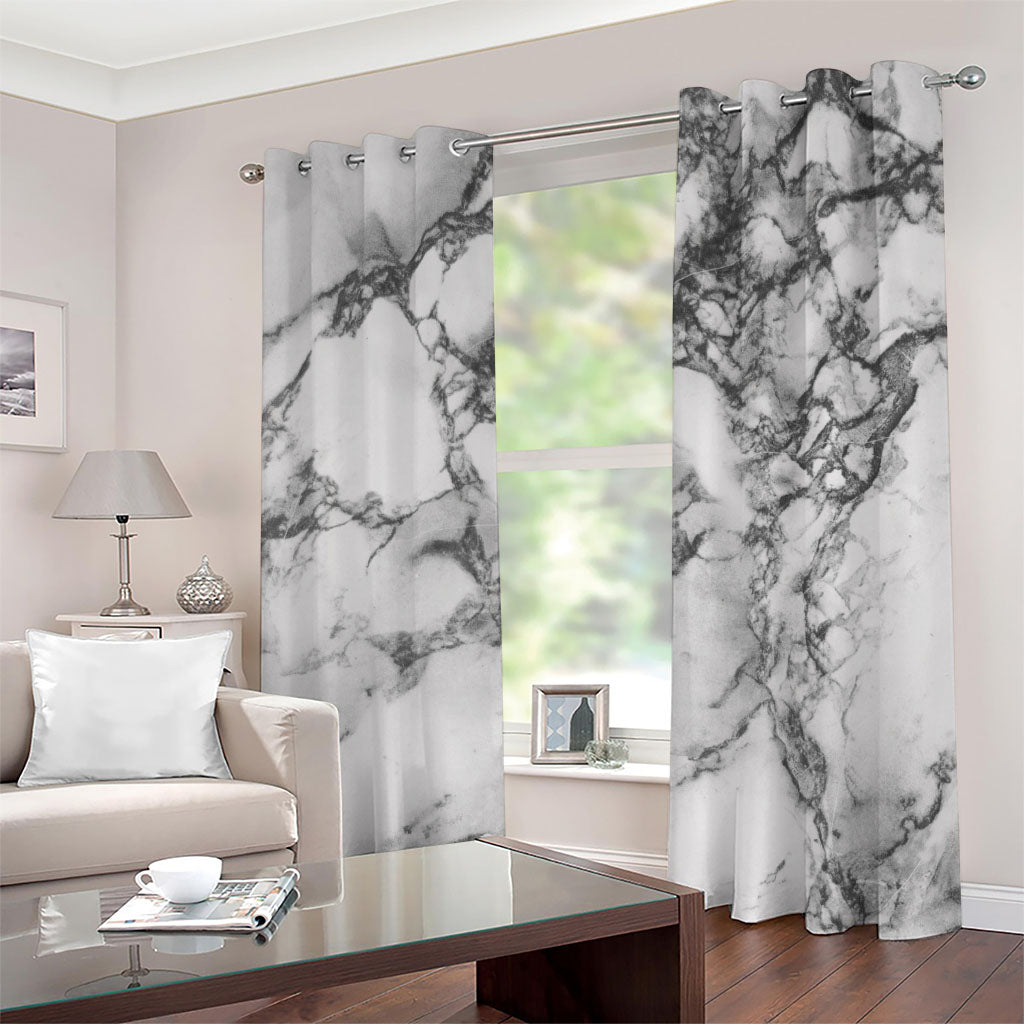 White Dark Grey Marble Print Grommet Curtains