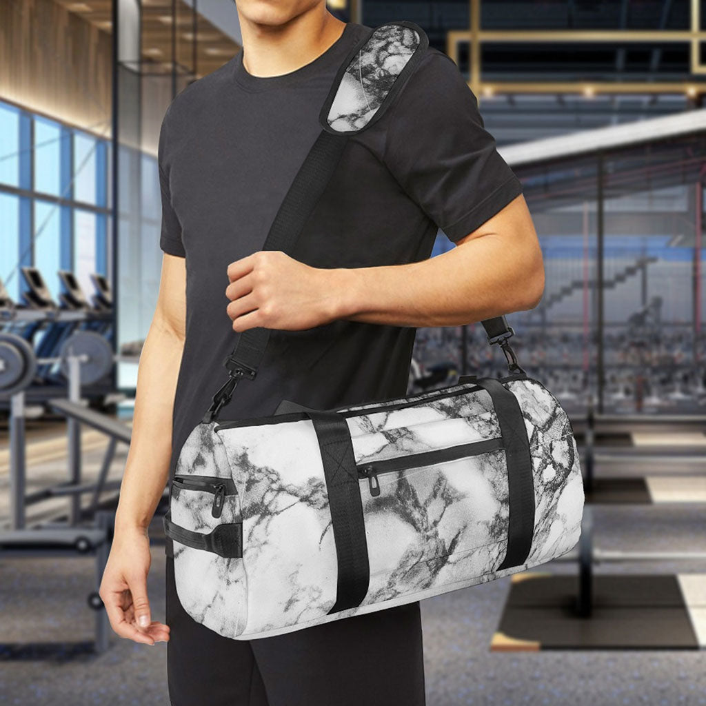 White Dark Grey Marble Print Gym Bag