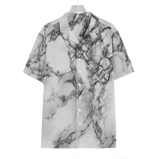 White Dark Grey Marble Print Hawaiian Shirt