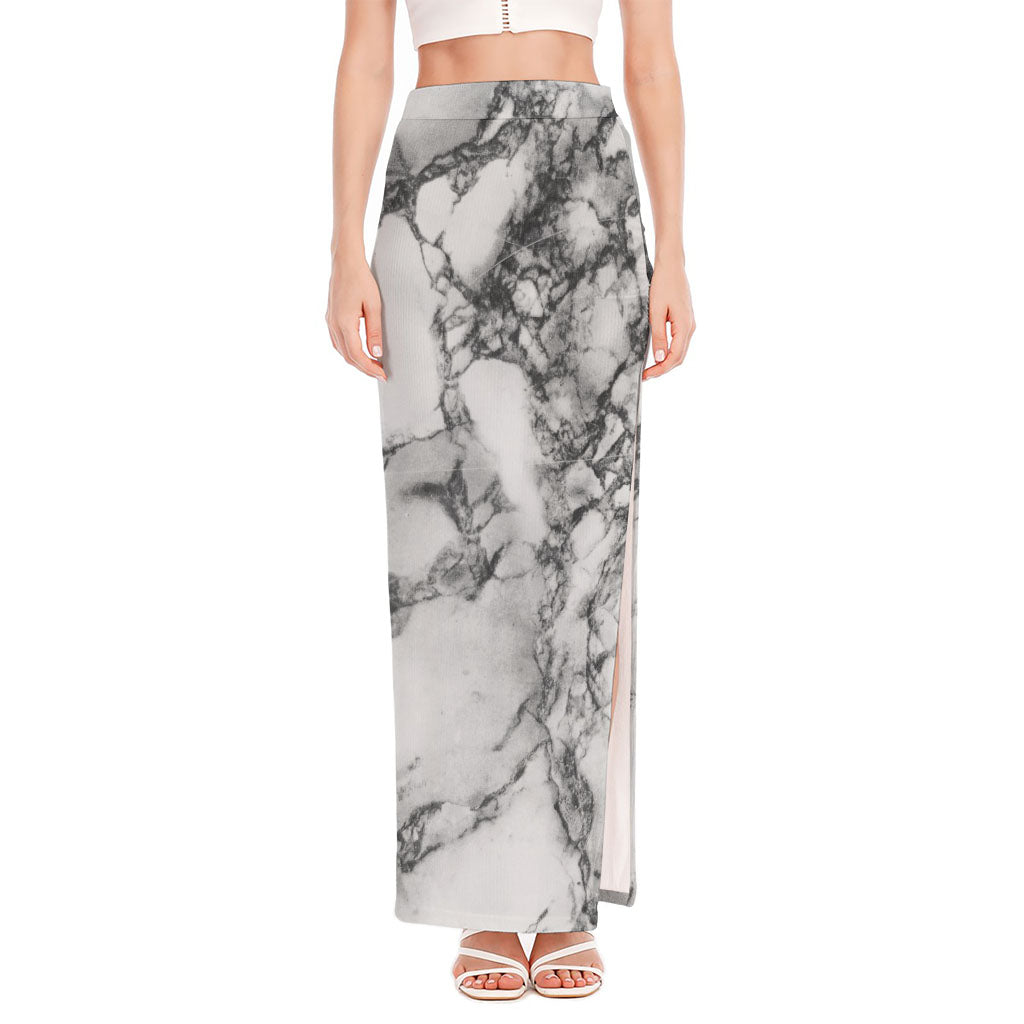 White Dark Grey Marble Print High Slit Maxi Skirt