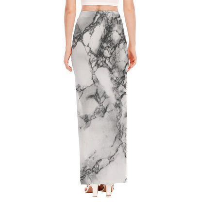 White Dark Grey Marble Print High Slit Maxi Skirt