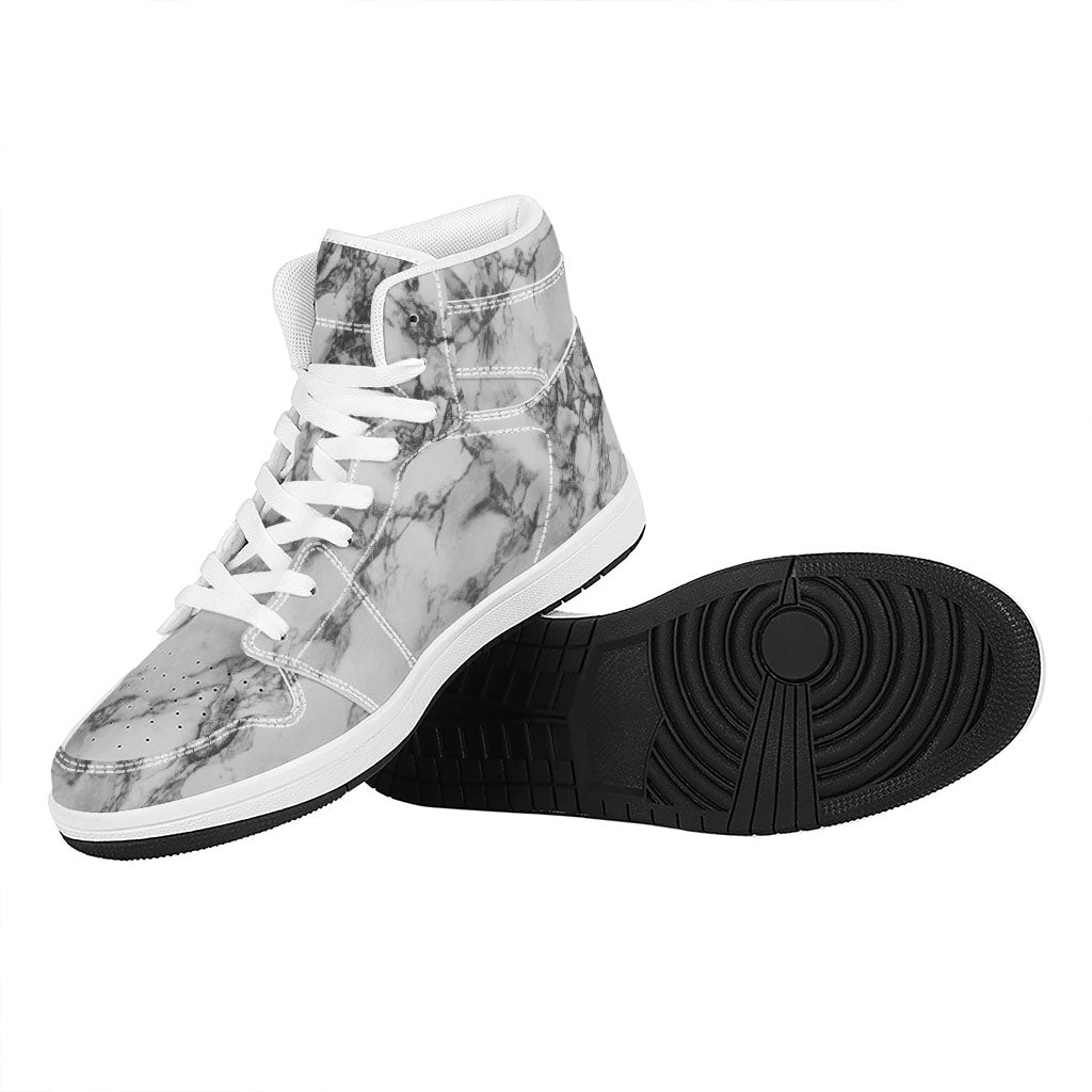 White Dark Grey Marble Print High Top Leather Sneakers