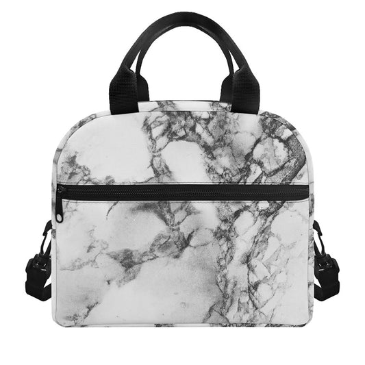 White Dark Grey Marble Print Insulated Lunch Bag
