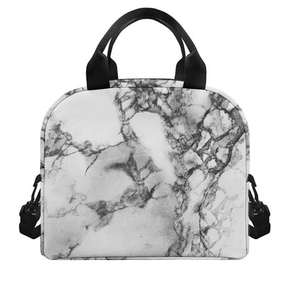 White Dark Grey Marble Print Insulated Lunch Bag