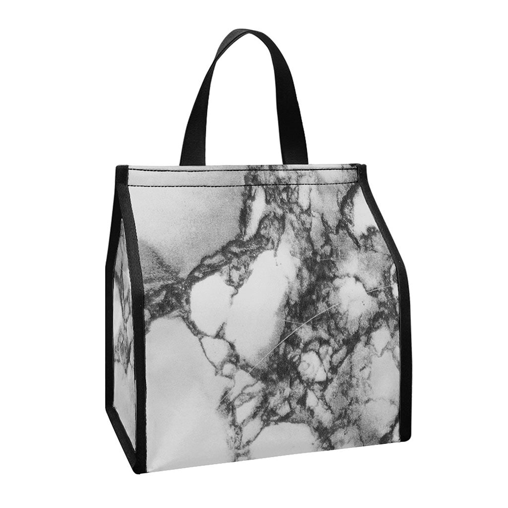 White Dark Grey Marble Print Insulated Lunch Tote