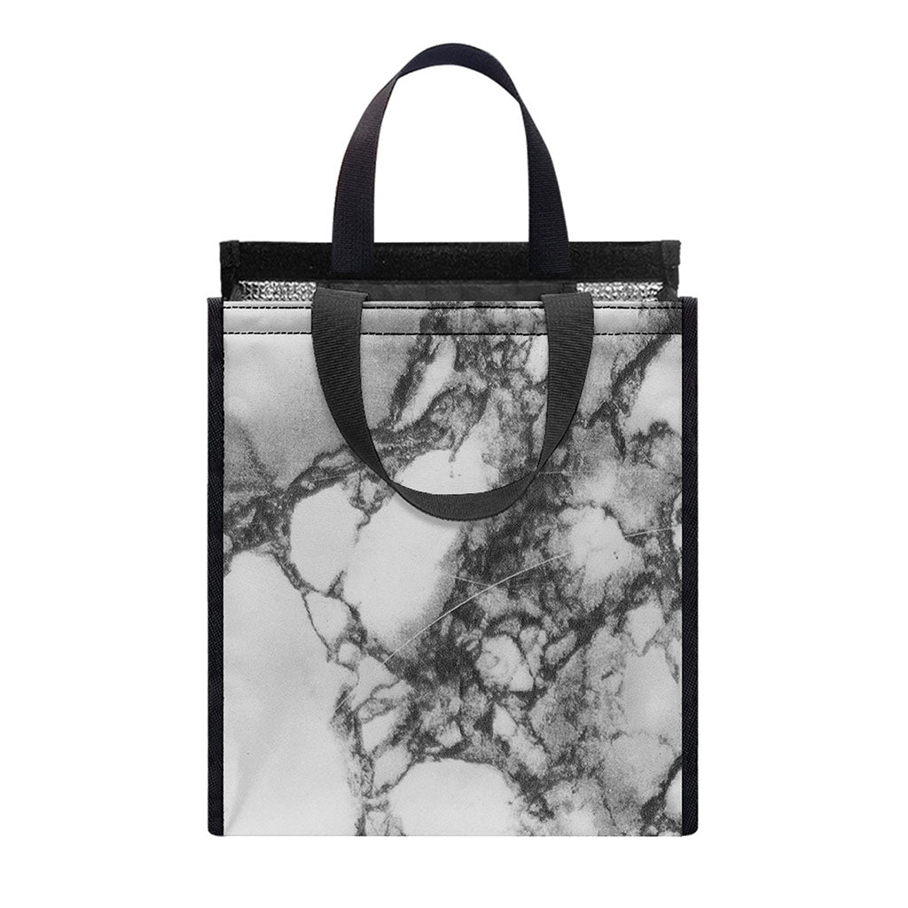 White Dark Grey Marble Print Insulated Lunch Tote