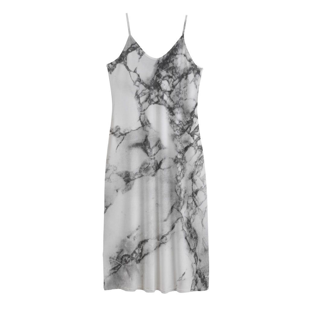 White Dark Grey Marble Print Jersey Midi Cami Dress