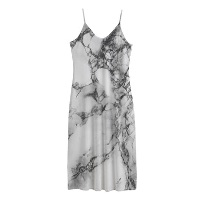 White Dark Grey Marble Print Jersey Midi Cami Dress