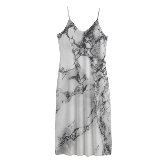 White Dark Grey Marble Print Jersey Midi Cami Dress