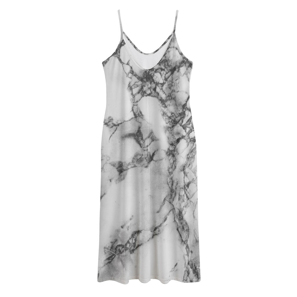 White Dark Grey Marble Print Jersey Midi Cami Dress