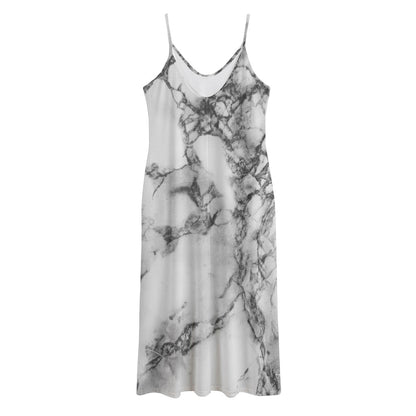 White Dark Grey Marble Print Jersey Midi Cami Dress