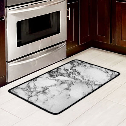 White Dark Grey Marble Print Kitchen Mat