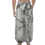 White Dark Grey Marble Print Lantern Pants