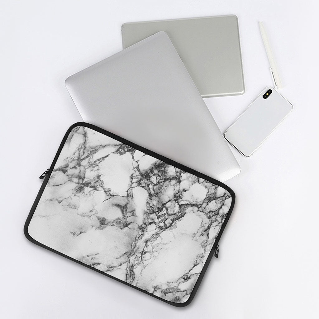 White Dark Grey Marble Print Laptop Sleeve