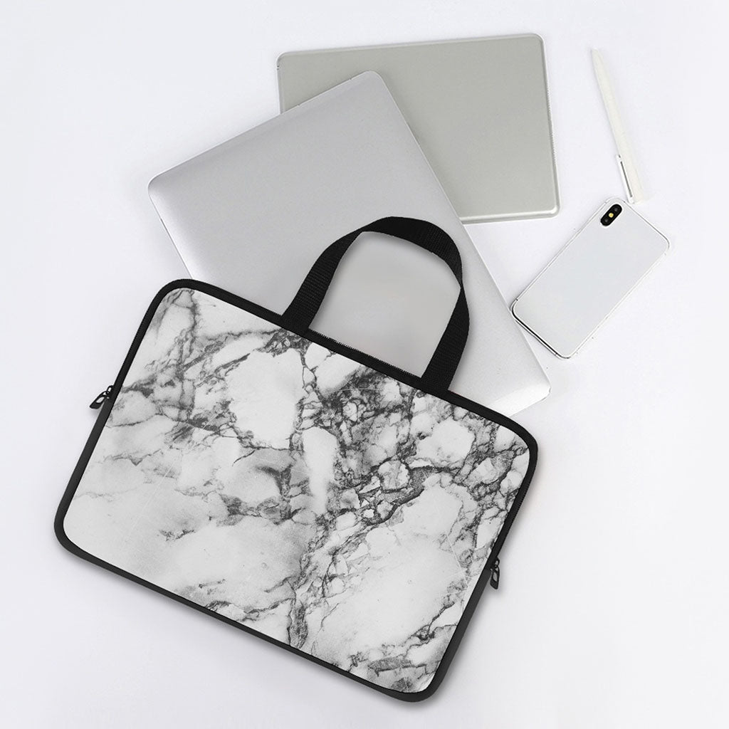 White Dark Grey Marble Print Laptop Sleeve With Handle