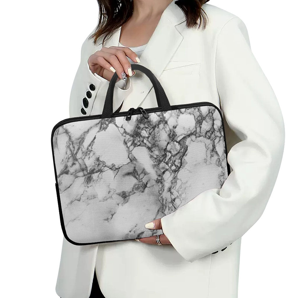 White Dark Grey Marble Print Laptop Sleeve With Handle