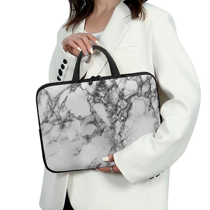White Dark Grey Marble Print Laptop Sleeve With Handle