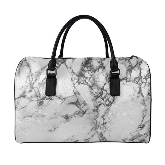 White Dark Grey Marble Print Leather Duffle Bag