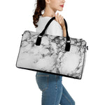 White Dark Grey Marble Print Leather Duffle Bag