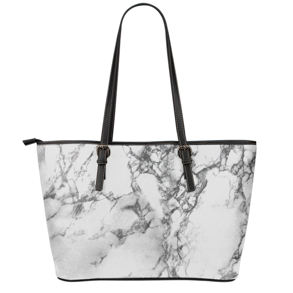 White Dark Grey Marble Print Leather Tote Bag