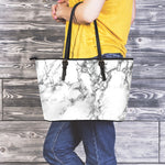 White Dark Grey Marble Print Leather Tote Bag