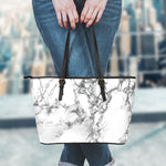 White Dark Grey Marble Print Leather Tote Bag