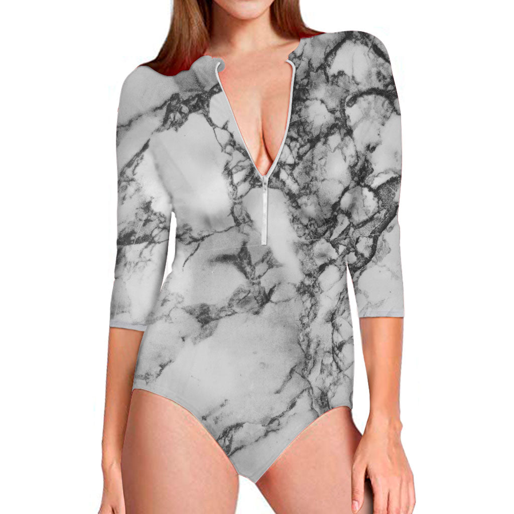 White Dark Grey Marble Print Long Sleeve Swimsuit