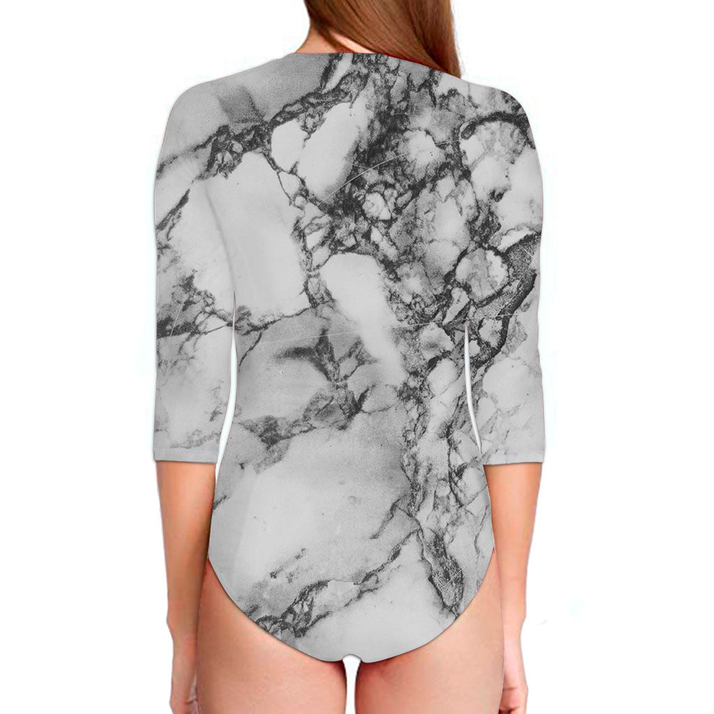 White Dark Grey Marble Print Long Sleeve Swimsuit