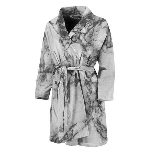 White Dark Grey Marble Print Men's Bathrobe