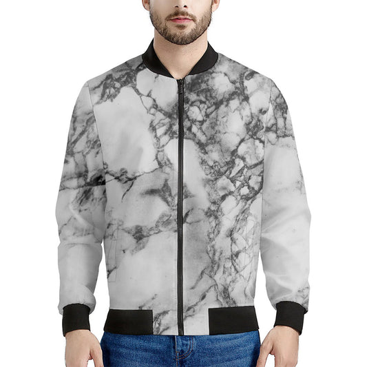 White Dark Grey Marble Print Men's Bomber Jacket