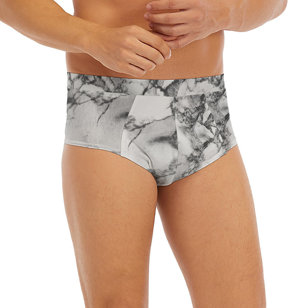 White Dark Grey Marble Print Men's Briefs