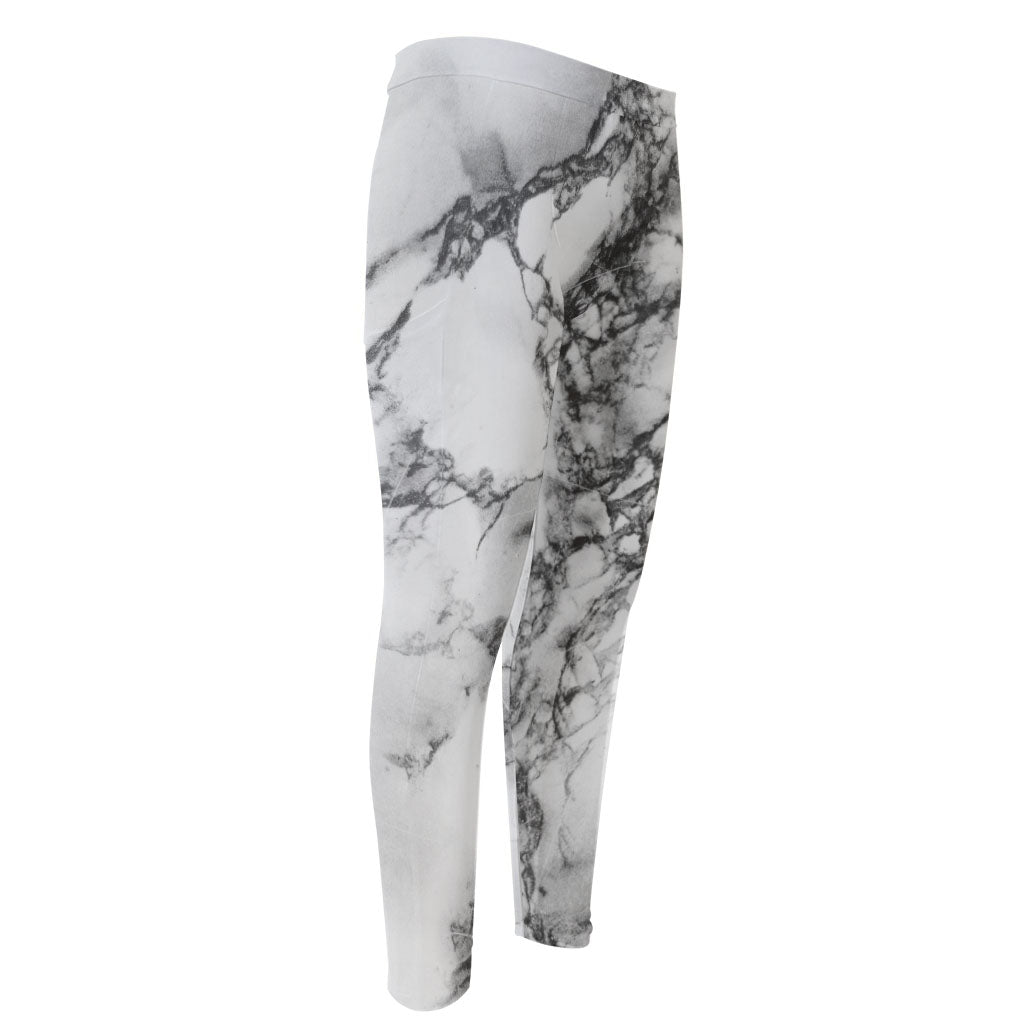 White Dark Grey Marble Print Men's Compression Pants