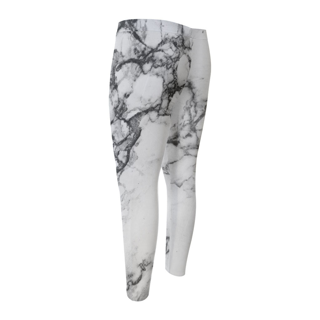 White Dark Grey Marble Print Men's Compression Pants