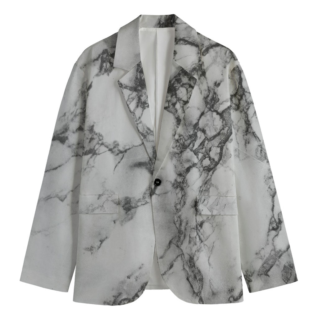 White Dark Grey Marble Print Men's Cotton Blazer