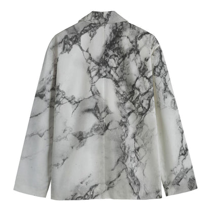 White Dark Grey Marble Print Men's Cotton Blazer