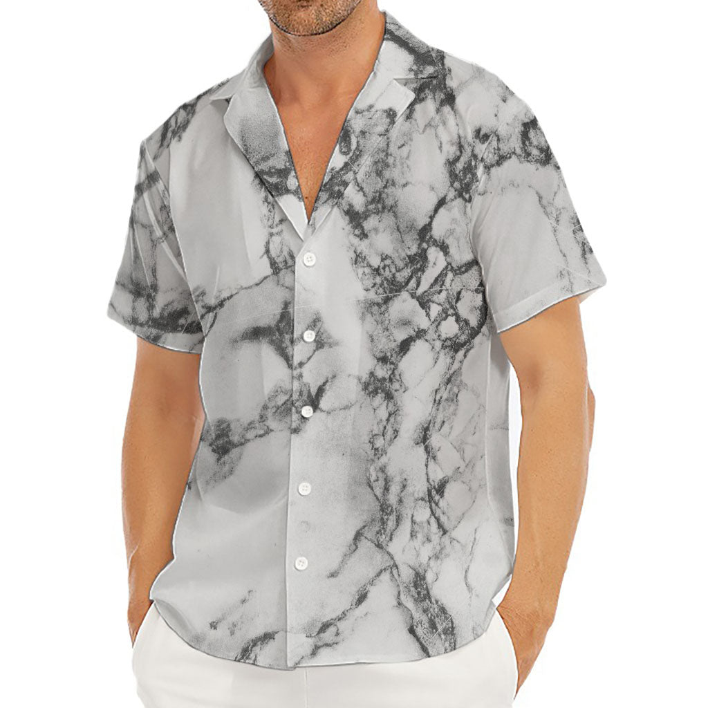 White Dark Grey Marble Print Men's Deep V-Neck Shirt