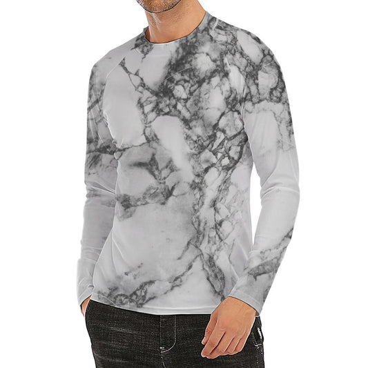 White Dark Grey Marble Print Men's Long Sleeve Rash Guard
