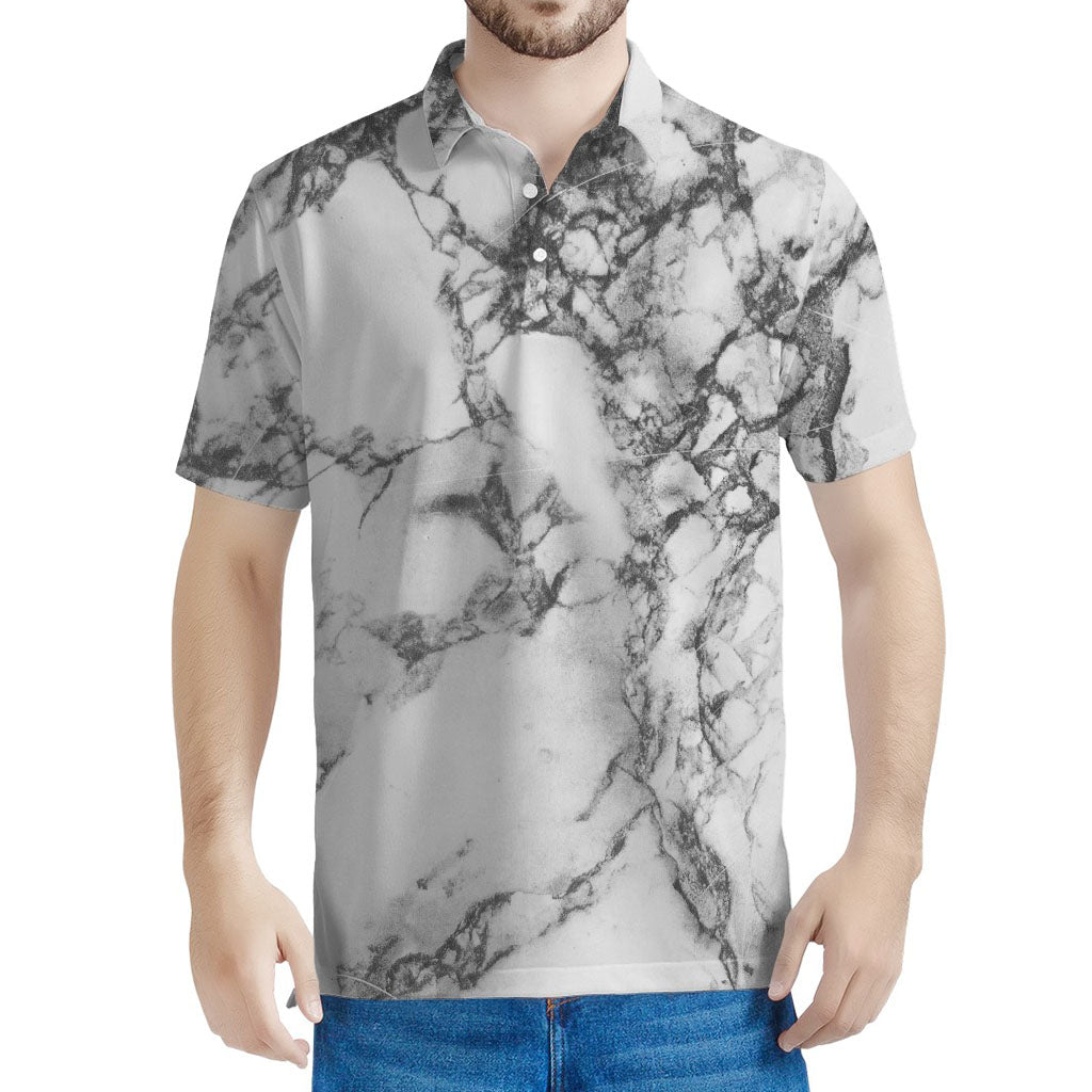 White Dark Grey Marble Print Men's Polo Shirt