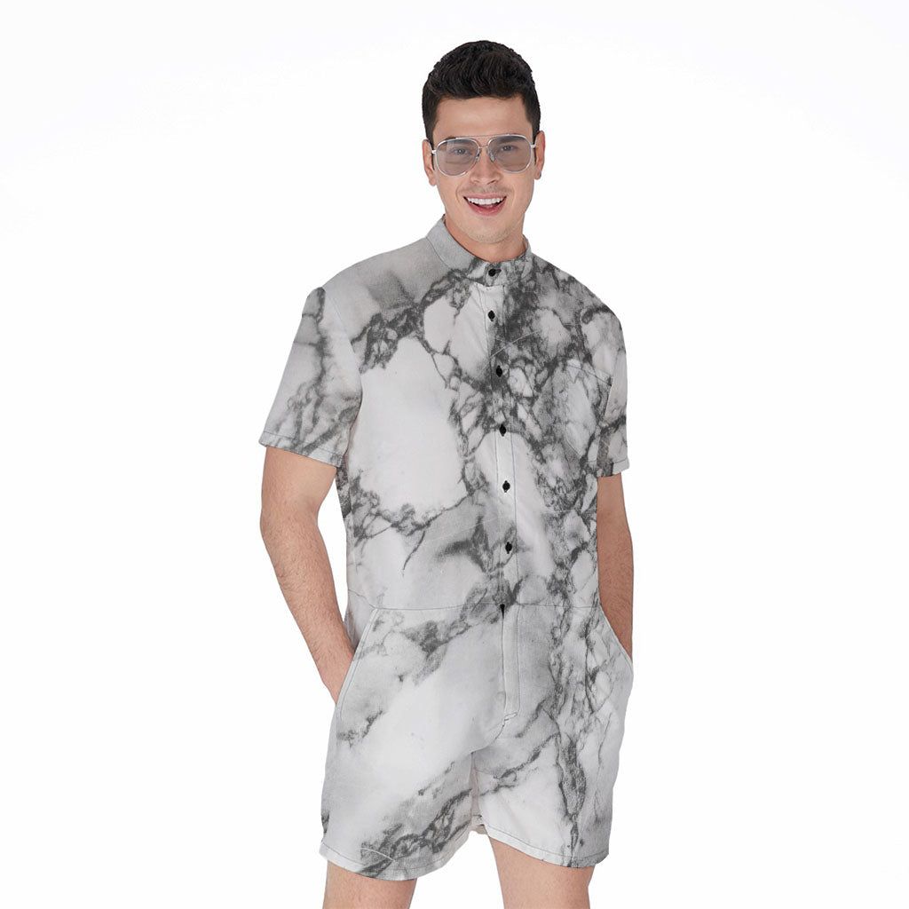 White Dark Grey Marble Print Men's Rompers