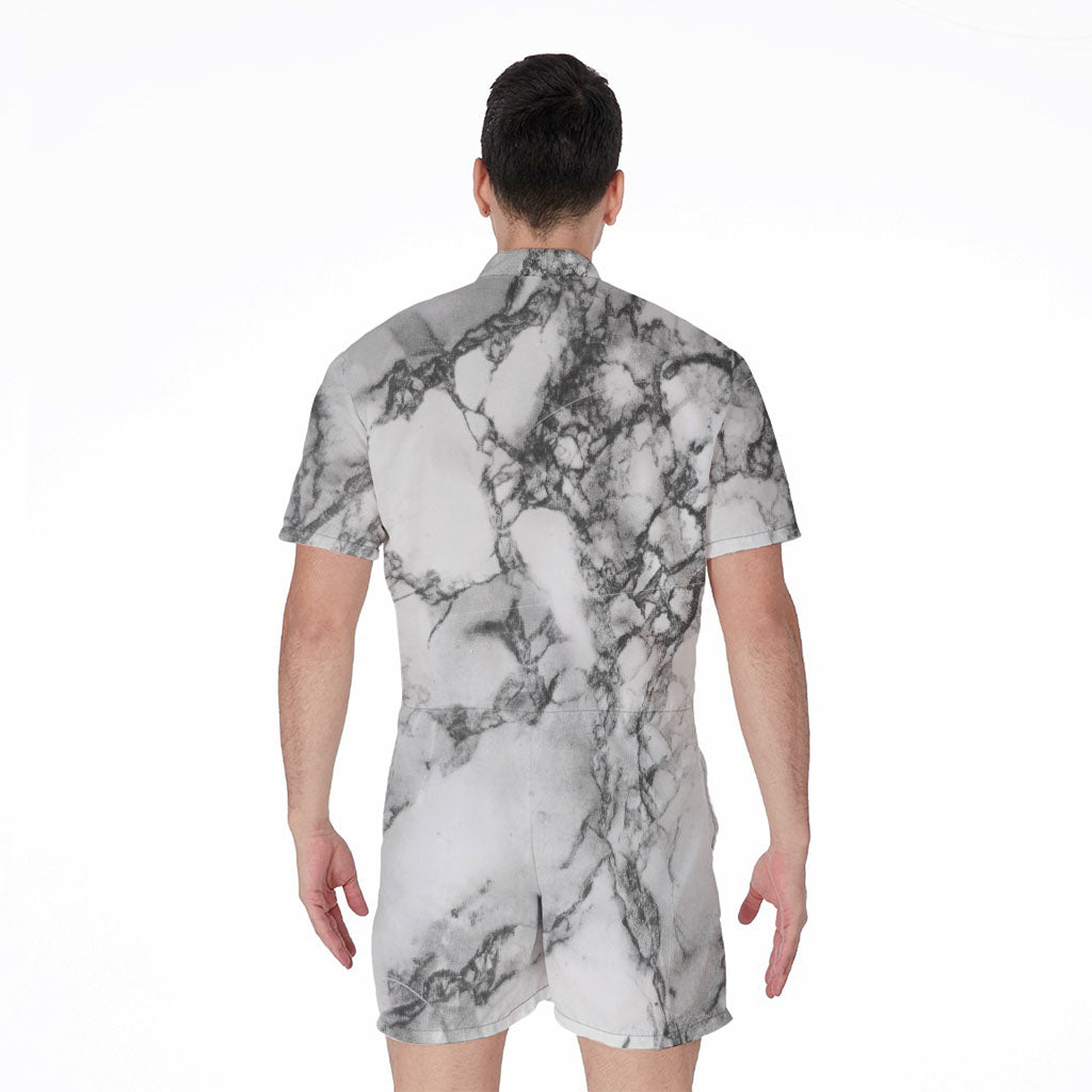 White Dark Grey Marble Print Men's Rompers