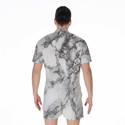 White Dark Grey Marble Print Men's Rompers