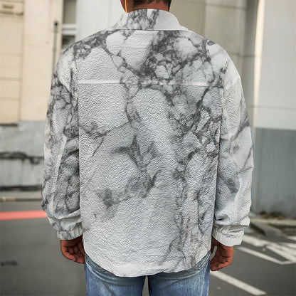 White Dark Grey Marble Print Men's Shirt Jacket