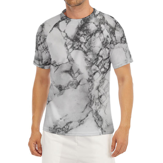 White Dark Grey Marble Print Men's Short Sleeve Rash Guard