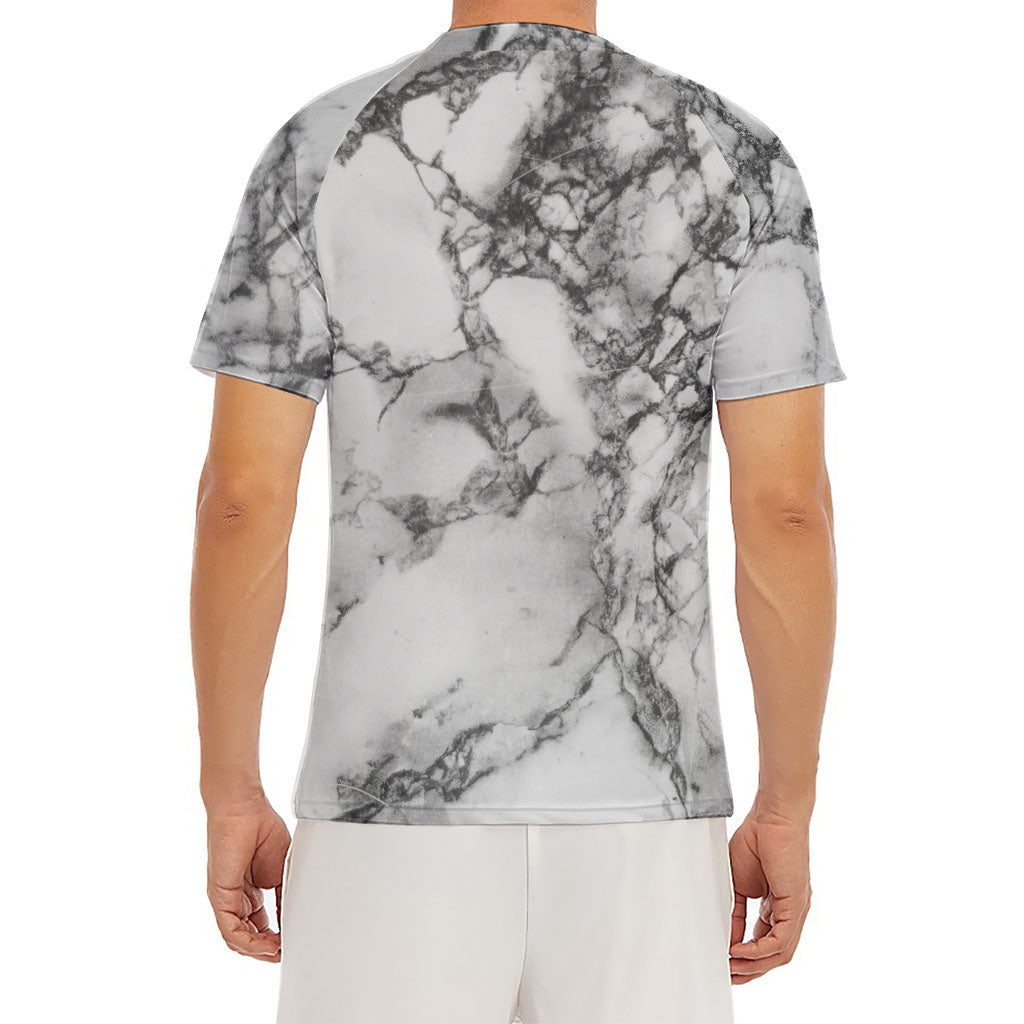 White Dark Grey Marble Print Men's Short Sleeve Rash Guard