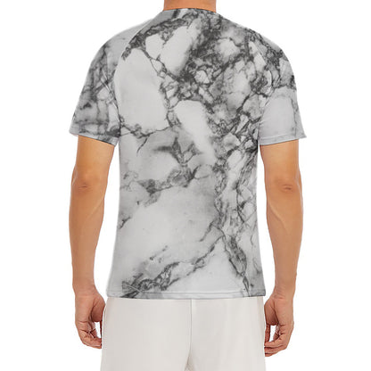 White Dark Grey Marble Print Men's Short Sleeve Rash Guard
