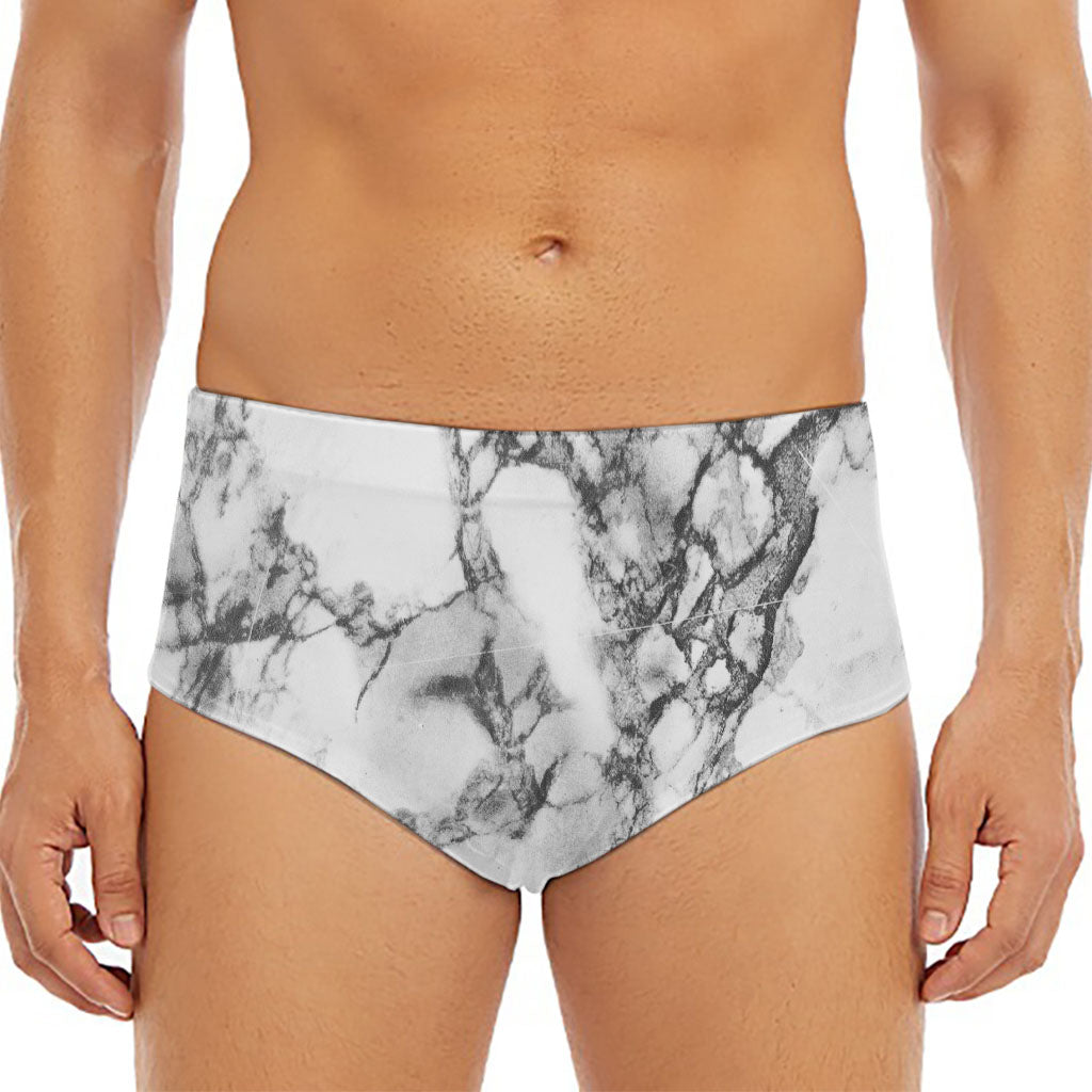 White Dark Grey Marble Print Men's Triangle Swim Briefs