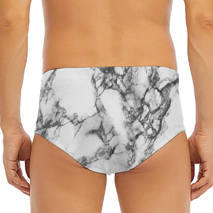 White Dark Grey Marble Print Men's Triangle Swim Briefs