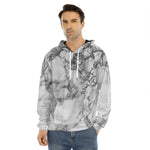 White Dark Grey Marble Print Men's Velvet Pullover Hoodie