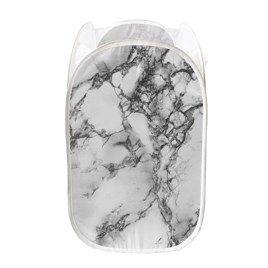 White Dark Grey Marble Print Mesh Laundry Hamper